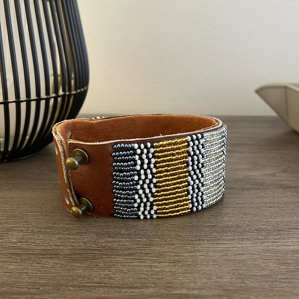 Blue and Gold Beaded Leather Cuff with Suede Lining